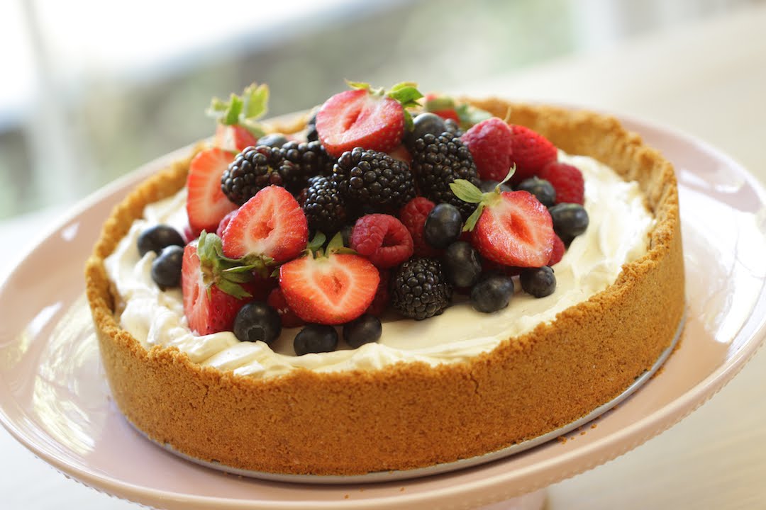 A Delightful Triple Berry Cheesecake With A No-Bake Filling